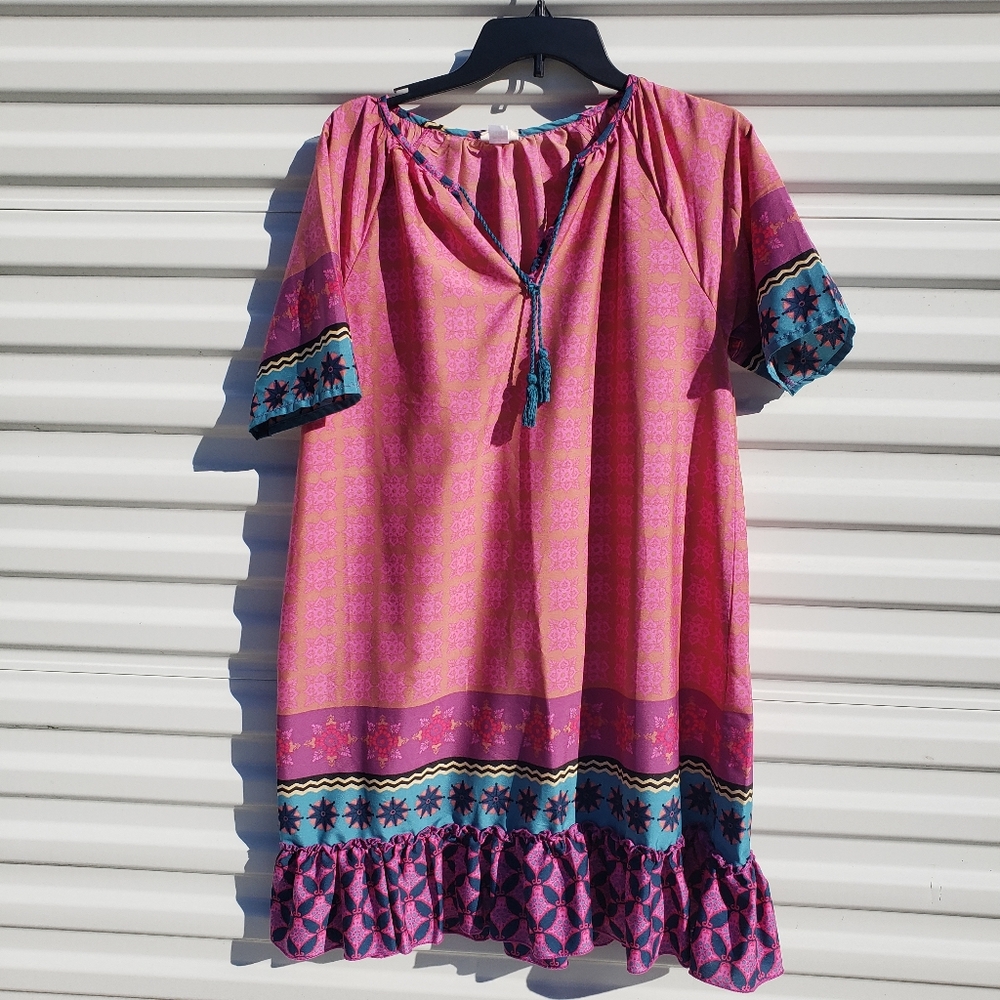 Natural Life colorful geometric mini dress with ruffle hem